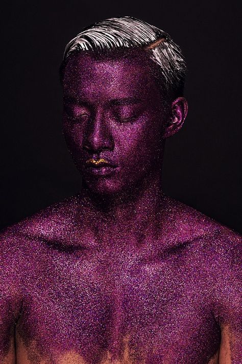 Male models on Behance | Photo. Lan Tran | Model. Manh Hiep | Makeup. Ruan Dang Glitter Face, Editorial Hair, Male Makeup, Body Glitter, Body Makeup, Fantasy Makeup, Editorial Makeup, Costume Makeup, Purple Glitter