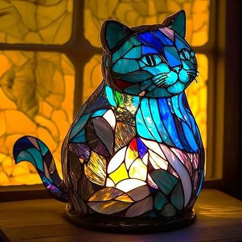 Mmoneyake Cute Animal Table Lamp Series, Stained Glass Lamp - Cat/Wolf/Horse/Owl/Dolphin/Turtle/Dragon Table Lamp Night Light, Stained Animal Night Light, Small Table Lamp for Bedroom Home Decoration - Amazon.com Animal Table, Animal Night Light, Animal Lamp, Owl Cat, Decorative Night Lights, زجاج ملون, Magic Cat, Retro Table, Lampe Decoration