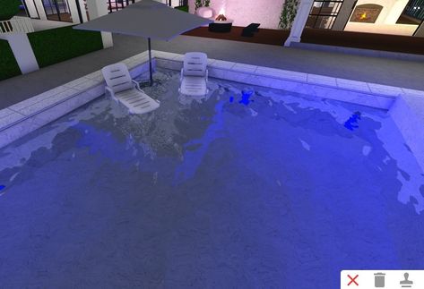 Bloxburg Public Pool, Pool Bloxburg, Bloxburg Pool Ideas, Beach House Layout, Bloxburg Beach House, Bloxburg Houses, House Decorating Ideas Apartments, Small House Layout, Pool Chairs