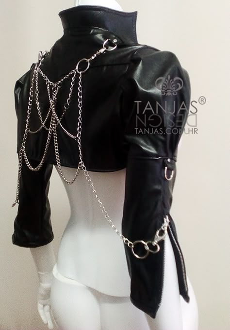 Dress With Chains, Leather Bolero, Shrug Jacket, Cropped Biker Jacket, Black Moon, Neo Noir, Bolero Jacket, Fashion Design Drawings, Drawing Clothes