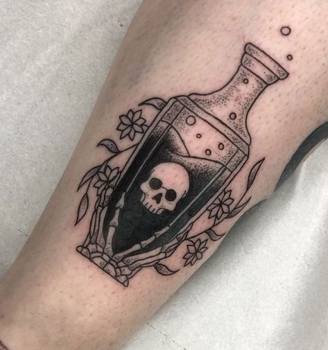 Toxic Bottle Tattoo, Arsenic Tattoo, Potion Bottle Tattoo Design, Aqua Tofana Tattoo, Apothecary Tattoo, Message In A Bottle Tattoo, Poison Bottle Tattoo, Perfume Bottle Tattoo, Poison Tattoo