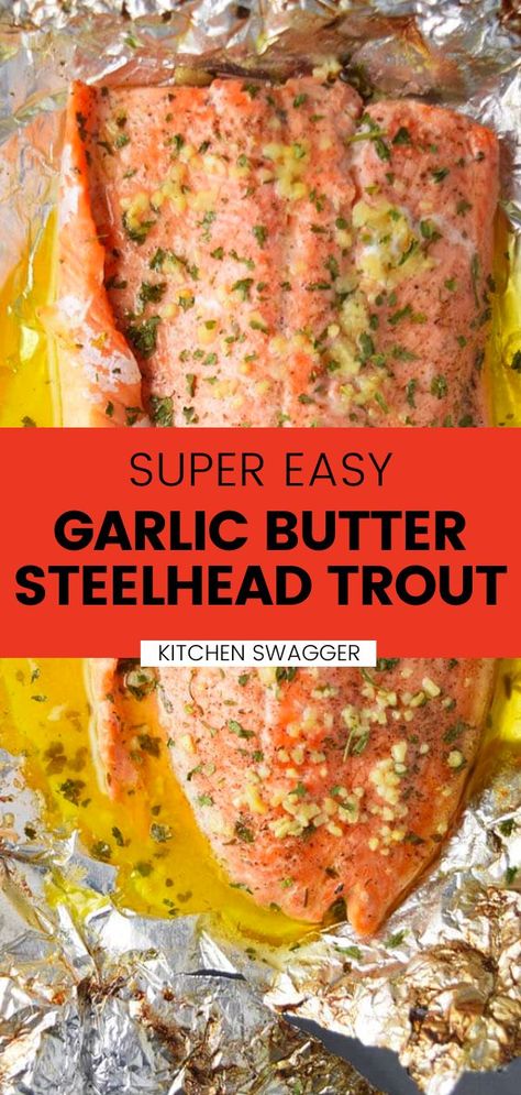 This garlic butter steelhead trout recipe is incredibly easy to make and only takes 25 minutes from start to finish! The lemon, butter, and garlic flavors are perfect together and create a juicy, buttery fish dish. Plus, there's hardly any cleanup involved! Why not try it out for dinner tonight! Steel Head Trout Recipes, Steelhead Recipes, Steelhead Trout Recipe Baked, Steelhead Trout Recipe, Baked Trout, Easy Garlic Butter, Trout Recipe, Steelhead Trout, Trout Recipes