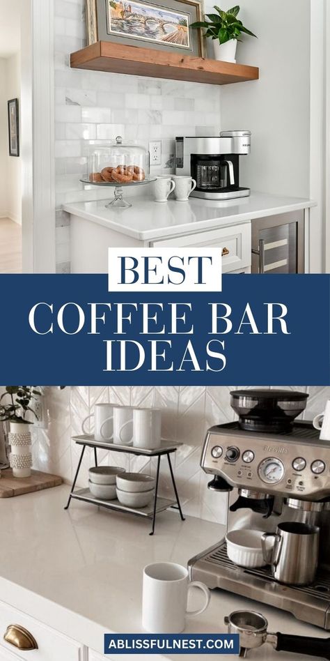 Turn your kitchen counter into a cozy cafe with these inspiring coffee bar ideas! From sleek and modern to rustic and charming, discover the perfect way to create a dedicated space for your daily caffeine fix. Get inspired by creative storage solutions, stylish accessories, and delicious beverage options. #coffeebar #homecafe #kitchencoffeebars Coffee And Juice Bar Ideas At Home, Coffee Bar Ideas Station Small Modern, Coffee Station Cabinet Buffet, Coffee Bar Extension Of Kitchen, Kitchen Pantry Coffee Station, Coffee Bar Glass Cabinet, Tiny Coffee Station Ideas, Coffee Nook In Kitchen Counter, Coffee Bar And Pantry Ideas