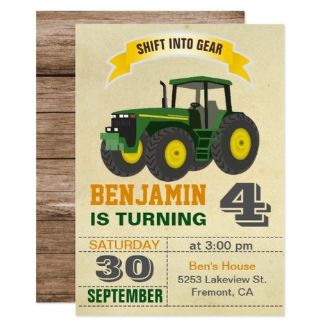 Green Farm Tractor Kids Birthday Party Invitation Tractor Baby Shower, Farm Birthday Party Invitations, Tractor Birthday Invitations, John Deere Birthday Party, John Deere Birthday, Tractor Birthday Party, Tractor Party, Woodland Birthday Party, Custom Party Invitations