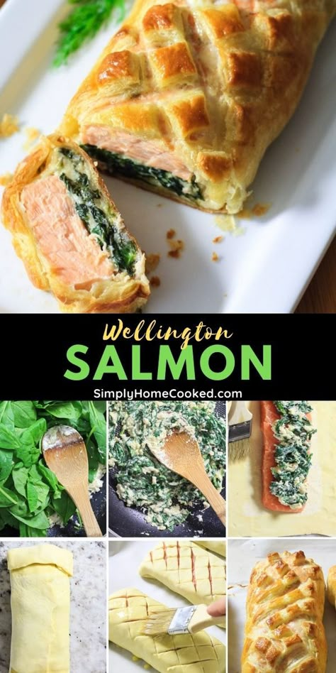 Salmon For Party, Salmon Wellington Pop Tart, Herb Coated Salmon In Puff Pastry, Puff Pastry Salmon Wellington, Spinach And Cheese Stuffed Salmon Wellington, Salmon With Puff Pastry, Fish Wellington Recipe, Chef Level Recipes, Individual Salmon Wellington