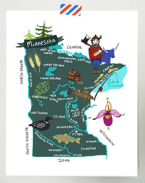 Minnesota illustrated map 8x10 by helloniccoco on Etsy Whimsical Map, Minnesota Lake, Ballerina Gift, Red Lake, Map Illustration, Flour Sack Tea Towels, Usa States, Kitchen Dish Towel, Red River