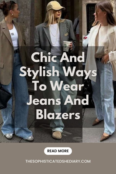 Elevate your style game with these cool ways to style jeans with blazers! From casual chic to polished looks, discover effortless outfit ideas that work for any occasion. Perfect for workdays or weekend outings! Click through to read more Menswear For Women Street Style, How To Style Jean Trousers Women, Blazer Cool Outfits, Jeans And Blazer Outfit Business Casual, Wide Leg Jeans With Blazer Outfit, Brooch On Blazer, Wide Leg Jeans And Blazer Outfit, Baggy Blazer Outfit, Blazer With Wide Leg Jeans