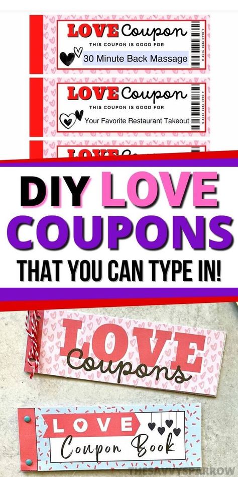 Use this love coupon book template to make your own printable love coupons for your boyfriend or husband! The love coupons template is editable, which means you can type in to the PDF to customize your own homemade coupons for him! These make awesome DIY gifts for Valentine's Day, anniversary, or Just because... Plus, get some awesome love coupon ideas to use! Lovers Coupons For Him, Couple Coupon Book For Him, Coupons For Husband Printable, Homemade Coupon Book For Boyfriend, Coupons For Husband Ideas, Anniversary Coupons For Him, Coupon Book For Boyfriend Printable Free, Birthday Coupons For Husband, Diy Coupon Book For Boyfriend Ideas