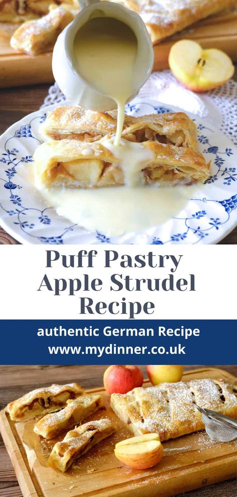 Quick and Easy Puff Pastry Apple Strudel Authentic Apple Strudel Recipe, Apple Strudel Puff Pastry, German Apple Strudel Recipe, Easy Apple Strudel Recipe, Vegetable Strudel, Apple Strudel Recipe, Easy Apple Strudel, Puff Pastry Apple, German Food Authentic