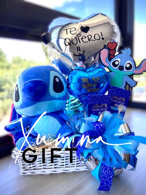 Lilo And Stitch Gift Basket, Stitch Gift Basket Ideas, Stitch Gift Basket, Blue Gift Basket, Donut Decorating Ideas, Candy Gifts Diy, Easy Birthday Gifts, Lilo And Stitch Merchandise, Valentine Gift Baskets