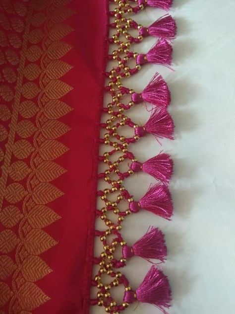 Saree Pallu Tassels, Pallu Tassels Designs, Tassels For Saree Pallu, Tassel Saree, Tassels Fashion Clothing, Saree Kuchu New Designs, Chudi Neck Designs, Tassels Designs, Saree Pallu