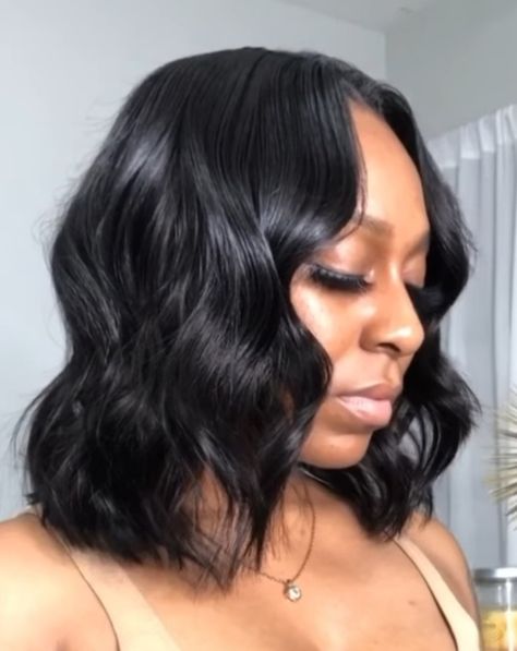 Bob Wavy Hairstyles Black Women, Long Bob With Curls Black Women, Curled Bobs For Black Women, Short Middle Part Black Women, Shoulder Length Weave Hairstyles, Short Hair Silk Press With Curls, Wavy Silk Press Natural Hair, Bob Haircut Black Women Natural, Long Curly Bob Hairstyles Black Women