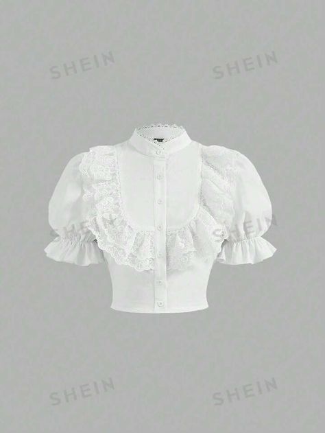 SHEIN MOD Ladies' White Shirt With Embroidery, Lace And Puffed Sleeves | SHEIN USA White Shirt With Embroidery, Shirt With Embroidery, Fit Board, White Shirts Women, Fit Board Workouts, Embroidery Lace, Puffed Sleeves, Soft Girl, Anime Demon