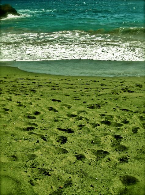 Green Sand Beach, aka Papakolea Beach, on the Big Island, HI is one of just two this shade in the U.S. Sand From Different Beaches, Playing With Sand On Beach, Hawaii Black Sand Beach, Green Sand Beach, Green Sand, White Sand Beaches, Hawaii Things To Do, Beach Bucket, Hawaii Green Sand Beach