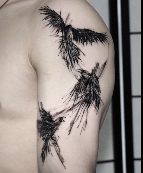 raven tattoo Crow Arm Tattoo, Crow Tattoo For Men, Arm Tattoos For Men, Rabe Tattoo, Crow Tattoo Design, Quarter Sleeve Tattoos, Party Tattoos, Crow Tattoo, Trash Polka Tattoo