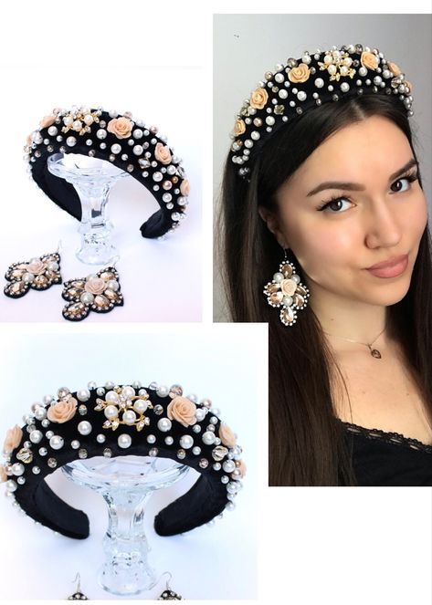 Hairstyle Headband, Gold Wedding Crown, Bead Headband, Hairstyle For Women, Black And Gold Wedding, Motifs Perler, Headband Jewelry, Tiara Hairstyles, Flower Girl Hairstyles