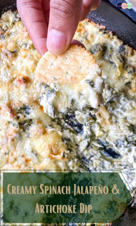 Creamy Spinach Jalapeno and Artichoke dip made with creamy cheese’s, and baked to perfection. A great appetizer and snack for any day of the week. #recipe #appetizer #creamy #dip #spinachartichokedip #jalapenos #cheese #cheesy #cheesediprecipes Artichoke Jalapeno Dip Recipes, Spinach Artichoke Dip With Jalapeno, Jalepeno Artichoke Dip Recipe, Jalepeno Artichoke Parmesan Dip, Jalapeno Spinach Dip, Jalapeno Artichoke Dip Recipe, Jalapeno Spinach Artichoke Dip, Artichoke Jalapeno Parmesan Dip, Jalapeño Artichoke Dip