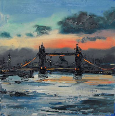 Tower Bridge at Dusk from Bermondsey Tower Bridge Painting, Hammersmith Bridge, Scottish Colourists, London Painting, Bridge Painting, British Art, Tower Bridge, Golden Gate Bridge, Oil Pastel