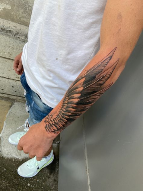 Small Tattoo Add Ons, Forearm Wing Tattoo Men Sleeve, Angel Wings Tattoo Forearm, Wing Tattoo Arm, 108 Tattoo, Polka Tattoo Designs, Tattoos For Siblings, Small Feather Tattoo, Matching Tattoos For Siblings