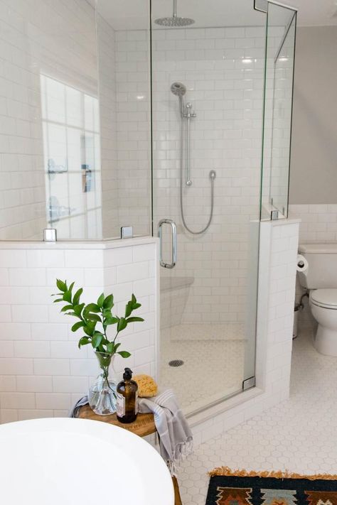 At HGTV.com, check out this bathroom's clever way to make a shower bigger without taking up additional floor space. Glass Corner Shower, Neo Angle Shower, Master Shower, Bathroom Redesign, White Backsplash, Master Bath Remodel, Bathroom Remodel Shower, Corner Shower, Bathroom Redo