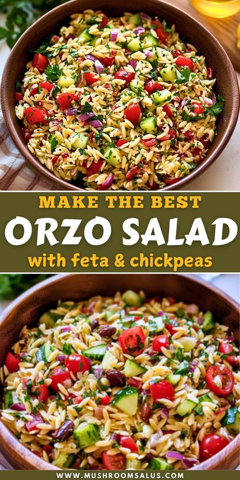 Fresh, vibrant, and packed with flavor, this Mediterranean Orzo Salad with feta and chickpeas is the perfect side dish for any meal. Loaded with crunchy cucumbers, juicy tomatoes, and tangy olives, it’s tossed in a light lemon dressing that brings everything together. Ideal for BBQs, picnics, or meal prep, this easy recipe is a must-try for gatherings! Orzo Salad With Feta, Hot Side Dishes, Baked Casseroles, Mediterranean Orzo Salad, Cream Filling Recipe, Bbq Potluck, Mediterranean Orzo, Easy Vegetable Side Dishes, Orzo Pasta Salad