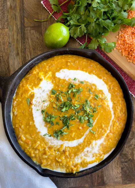 Our favorite red lentil dahl recipe with coconut milk to make is super creamy. This authentic Indian recipe uses ingredients you can find at your local grocery store and is ready in 20 minutes! Authentic Pork Carnitas Recipe, Red Lentil Dahl Recipe, Red Lentil Dahl, Red Lentil Curry, Dahl Recipe, Sushi Rice Recipes, Squash Curry, Curry Indian, Slow Cooked Pulled Pork