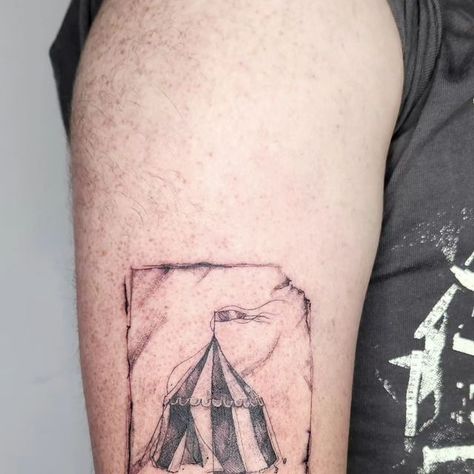 Studio Meital Tattoos on Instagram: "A circus tent postcard for @noamhamadhim as part of a headstart project to support @shabazi_circus #circuslife continue on! 🎪 . #linetattoo #tattoo #ink #inkart #circystattoo #circustent" Night Circus Tattoo, Circus Flash Tattoo, Circus Tattoo Ideas, Circus Sleeve Tattoo, Circus Tiger Tattoo, Circus Tent Tattoo, Circus Elephant Tattoo, Circus Elephant Tattoos, Circus Tattoo