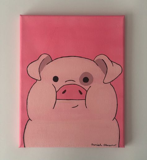 Acrylic painting of Waddles from the tv show Gravity Falls. Painted with acrylic paints, signed, and sealed with acrylic paint sealer. Very Easy Things To Paint, Things To Paint On Paper Acrylics, Paint Ideas Beginner, Llama Painting Canvases, Easy Follow Along Painting, Cute And Simple Canvas Paintings, Painting Ideas Cute Animals, Canvas Ideas Cute, Big Easy Paintings