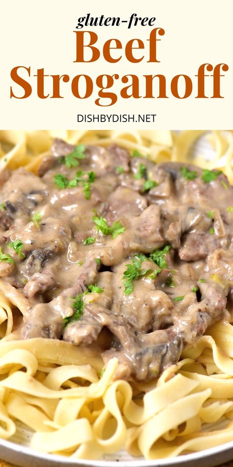 Gluten Free Beef And Noodles, Gluten Free Beef Stroganoff Crockpot, Gluten Free Ground Beef Stroganoff, Gf Beef Stroganoff, Gluten Free Recipes For Dinner Beef, Gluten Free Stroganoff Recipe, Beef Stroganoff Gluten Free, Beef Stroganoff Stew Meat, Gluten Free Ground Beef Recipes