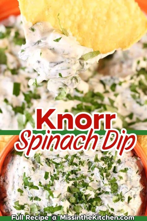 Knorr Spinach Dip (Original Recipe) - Miss in the Kitchen Spinach Dip Recipe Easy, Knorr Spinach Dip Recipe, Spinach Dip Cold, Homemade Spinach Dip, Classic Spinach Dip, Knorr Spinach Dip, Vegan Spinach Dip, Spinach Dip Easy, Hot Spinach Dip