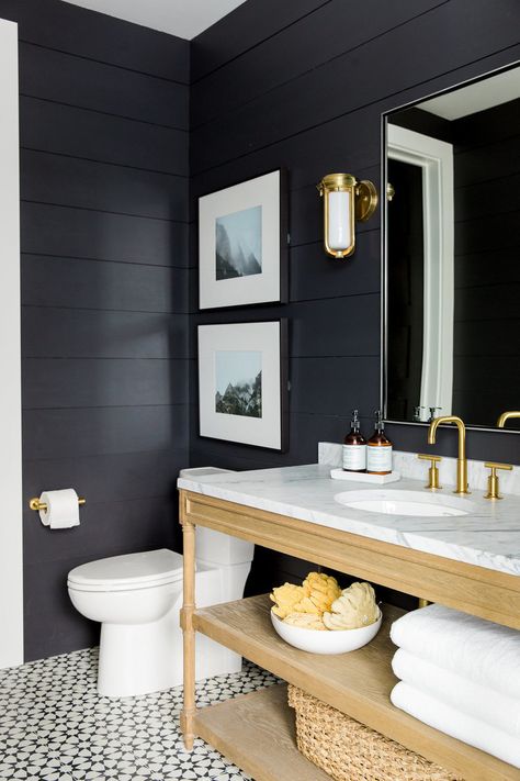 Benjamin Moore Soot. From our  Modern Mountain Home. Makeover Kamar Mandi, Farmhouse Bathroom Decor Ideas, Black Paint Color, Bilik Air, Modern Mountain Home, Decor Ikea, Bad Inspiration, Decor Baie, Modern Farmhouse Bathroom