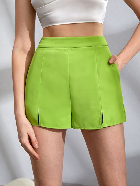 Light Lime Green, Lime Green Shorts, Women Bottoms, Women Shorts, Split Hem, Lime Green, Summer Women, Color Blocking, Womens Bottoms