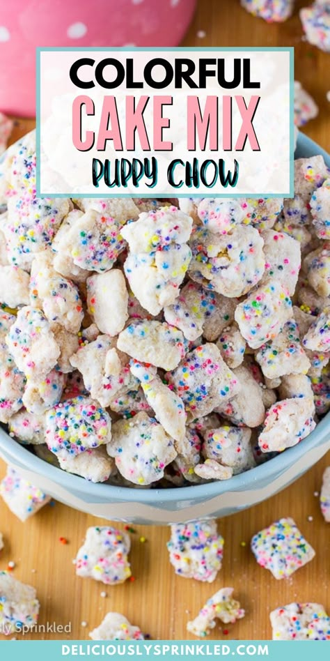 Funfetti Chex Mix Recipes, Sugar Cookie Puppy Chow, Cheesecake Puppy Chow, Snacks With Sprinkles, Sugar Cookie Chex Mix Recipe, Birthday Cake Puppy Chow, Sprinkle Snacks, Easy Birthday Food Ideas, Sweet Party Snacks