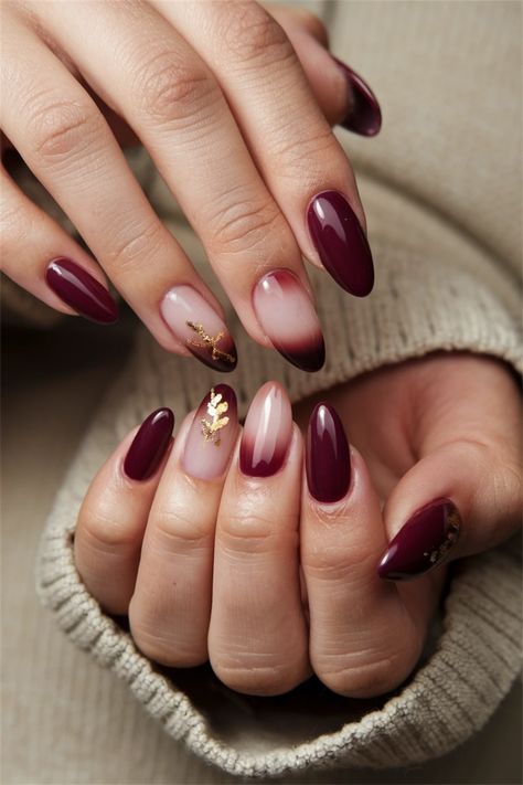 Embrace the cozy vibes of autumn with these elegant gel nails that showcase the perfect fall nail ideas. Featuring rich burgundy hues, delicate gold accents, and a chic matte finish, this design captures the essence of the season. Whether you're enjoying pumpkin spice lattes or cozying up by the fire, these nails will elevate your fall look. Get inspired and bring a touch of autumn to your manicure! #FallNailIdeas #GelNails #AutumnManicure Red Wine Nails Design Burgundy, Wine Red And Gold Nails, Fall Builder Gel Nails, Fall Wine Nails, Autumn Nails Biab, Maroon Fall Nail Designs, Latte Nail Ideas, Ombre Fall Nail Designs, Wine Red Nails Acrylic