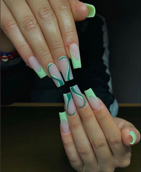 Mixed Nail Designs, White Design Nails, Green Prom Nails, Black Acrylic Nail Designs, Black Acrylic Nails, Green Prom, Green Nail, Design Nails, Prom Nails