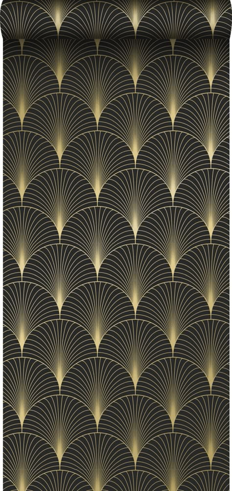 Enjoy a touch of drama with this opulent Art Deco wallpaper. Scalloped fans inked in shining gold are sharply contrasted by an inky-black backdrop. Lempicka is an unpasted, non woven wallpaper. Design Department is a charming collection full of color and character. Beautiful geometrics with a bohemian edge complement the array of eclectic designs, while a plethora of leaf patterns round out the collection with a tropical flair. No matter your style, these vibrant wallpapers will breathe color an Art Deco Wall Paper, 1920s Wallpaper, Deco Violet, Gold Geometric Wallpaper, Repeating Pattern Design, Art Deco Motif, Art Deco Color, Modern Wallpaper Designs, Motif Art Deco