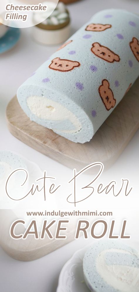 Light blue cake roll printed with cute bears on it on a serving board. Pattern Cake Roll, Pattern Swiss Roll, Cute Bear Cake, Deco Roll Cake, Cake Sandwiches, Festive Holiday Desserts, Swiss Roll Cakes, Cake Bear, Japanese Bakery