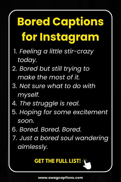 Transform your Instagram game with these witty and relatable Bored Captions for Instagram! Say goodbye to dull moments and hello to instant engagement. Spice up your feed effortlessly. Boredom Captions For Instagram, Captions For Bored Selfies, Feeling Bored Captions For Instagram, Boring Captions For Instagram, Boring Day Caption, Bored Captions For Instagram, Bored Captions, Bored Pictures, Emotional Captions