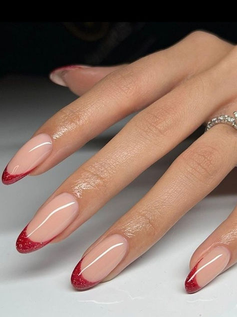 red French tip nails: glitter Alternative French Manicure, Nails With Red Dress, Sparkly French Tips, Red French Tip Nails, Red French Manicure, Red Tip Nails, Gold French Tip, Red French Tip, French Tip Manicure