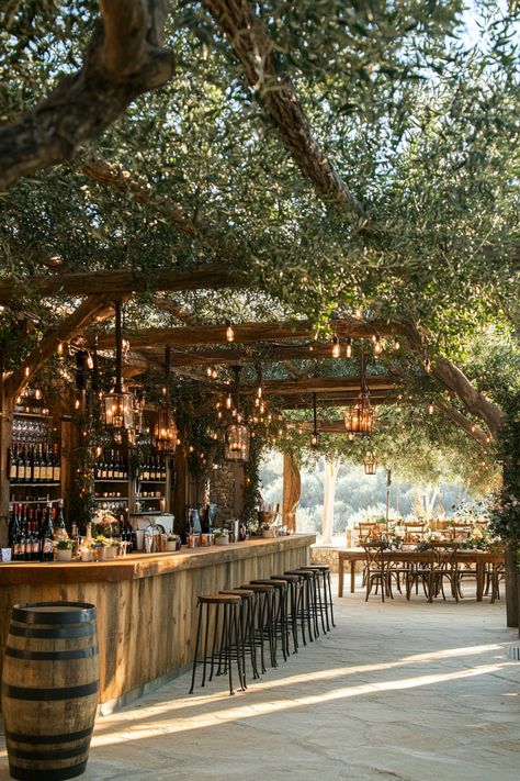 Wedding Venue Design. Olive tree canopy with bourbon barrel wine station.  Vineyard weddings are magical - the lush greenery, the intoxicating aroma of grapes, and the natural rustic charm. But how do you make your vineyard wedding stand out from the rest? Enter our 30 innovative, rustic wedding design concepts. Dive into this visually pleasing banquet of ideas, masterfully blending the…  Read more: https://tastywed.com/generated-post-30-rustic-vineyard-wedding-setup-design-concepts/ Fall Wedding Vineyard, Napa Vineyard Wedding, Nature Venue Wedding, Small Winery Design, Wedding Venues Vineyard, Rustic Event Center, Wine Farm Wedding South Africa, Small Vineyard Wedding, French Vineyard Wedding