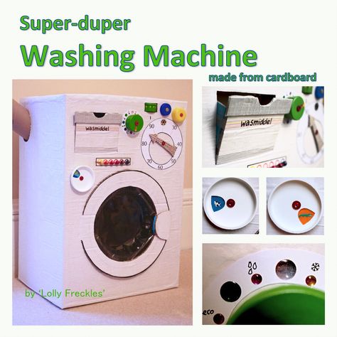 Washing machine made from a cardboard box. With dials made from bottle caps. It has a working door and detergent drawer.               DIY toy cardboard box inspiration recycling kids playing activity Cardboard Washing Machine, Cardboard Door, Recycling Kids, Drawer Diy, Diy Cardboard Toys, Recycling For Kids, Cardboard Box Crafts, Cardboard Toys, Door Diy