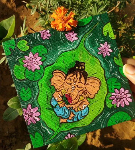 Cute Painting On Small Canvas, Ganesha Art On Canvas, Ganesha Drawing Watercolor, Ganeshji Canvas Painting, Small Canvas Ganesha Painting, Small Canvas Board Painting, Mini Canvas Ganesha Painting, God Painting On Canvas, Canvas Painting Ideas Ganesha