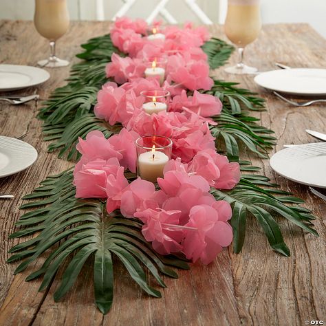 Lei the table for a terrific tropical celebration! These table decorations bring a hint of Hawaii to your celebration, whatever the occasion. Perfect luau ... Pink Tropical Party Decorations, Tropical Dinner Table, Love Island Party Decorations, Winter Luau Party Ideas, Luau Centerpieces Diy, Florida Centerpieces, Luau Table Centerpieces, Classy Luau, Hawaii Themed Wedding