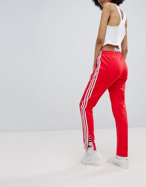 adidas Originals adicolor Three Stripe Track Pants In Red Adidas Red Pants Outfit, Red Adidas Pants Outfit, Red Adidas Pants, Adidas Pants Outfit, Track Pants Outfit, Pants Outfit Ideas, Womens Adidas, Canon Lens, Adidas Outfit