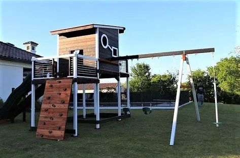 Modern Design Swing Set | Backyard Fun Factory Modern Playground, Playgrounds Architecture, Backyard Playset, Playground Swings, Play Area Backyard, Backyard Kids Play Area, Backyard Swings, Backyard Adventure, Playground Set