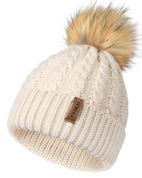 Winter Beanie Hat for Women Cotton Lined Faux Fur Pom Pom Hats Womens Warm Thick Knit Skull Cap Boys Beanie, Fur Pom Pom Beanie, Fur Pom Pom Hat, Girls Winter Hats, Toddler Beanie, Kids Winter Hats, Pom Pom Beanie Hat, Toddler Winter, Beanie Hats For Women