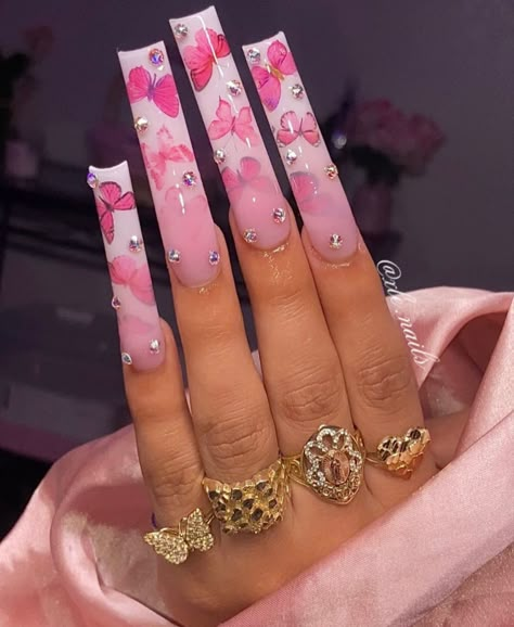 Square Butterfly Nails, Baddie Long Acrylic Nails, Boujee Nails Acrylic Long, Baddie Nails Acrylic, Nails Acrylic Long, Boujee Nails, Long Acrylic Nail, Nails Board, Butterfly Nails