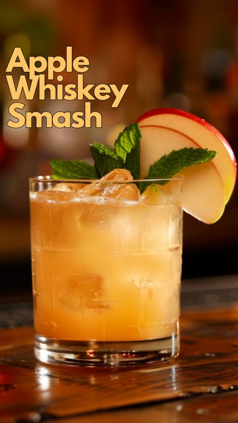 Taste the crisp flavors of fall with our Apple Whiskey Smash recipe. Tart apples and smooth whiskey come together in this easy-to-make cocktail. via @mybartender Fall Bourbon Smash, Irish Whiskey Recipes, Apple Whisky Cocktails, Apple Cider And Whiskey Fall Cocktails, Apple Liqueur Cocktails, Apple Jack Daniels Cocktail Recipes, Warm Whiskey Cocktails, Jack Apple Cocktails, Apple Old Fashioned Cocktail