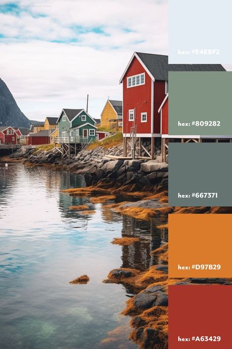 A green, gold and red color palette from an image of a fishing village in Nova Scotia, Canada. Gold Red Color Palette, Red Color Palette, Red Colour Palette, Nova Scotia Canada, Branding Resources, Gold And Red, Brand Board, Fishing Villages, Color Stories