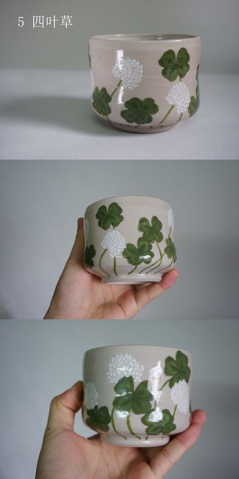 Four Leaf Clover Ceramic, Clover Painting, Irish Pottery, Diy Pottery Painting, Handmade Cups, Painted Mugs, Ceramics Ideas, Painted Jars, Diy Pottery